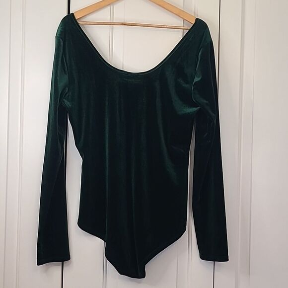 Modcloth Dark Green Stretch Velvet Bodysuit Scoop Neck Long Sleeve Size XL - Picture 5 of 11